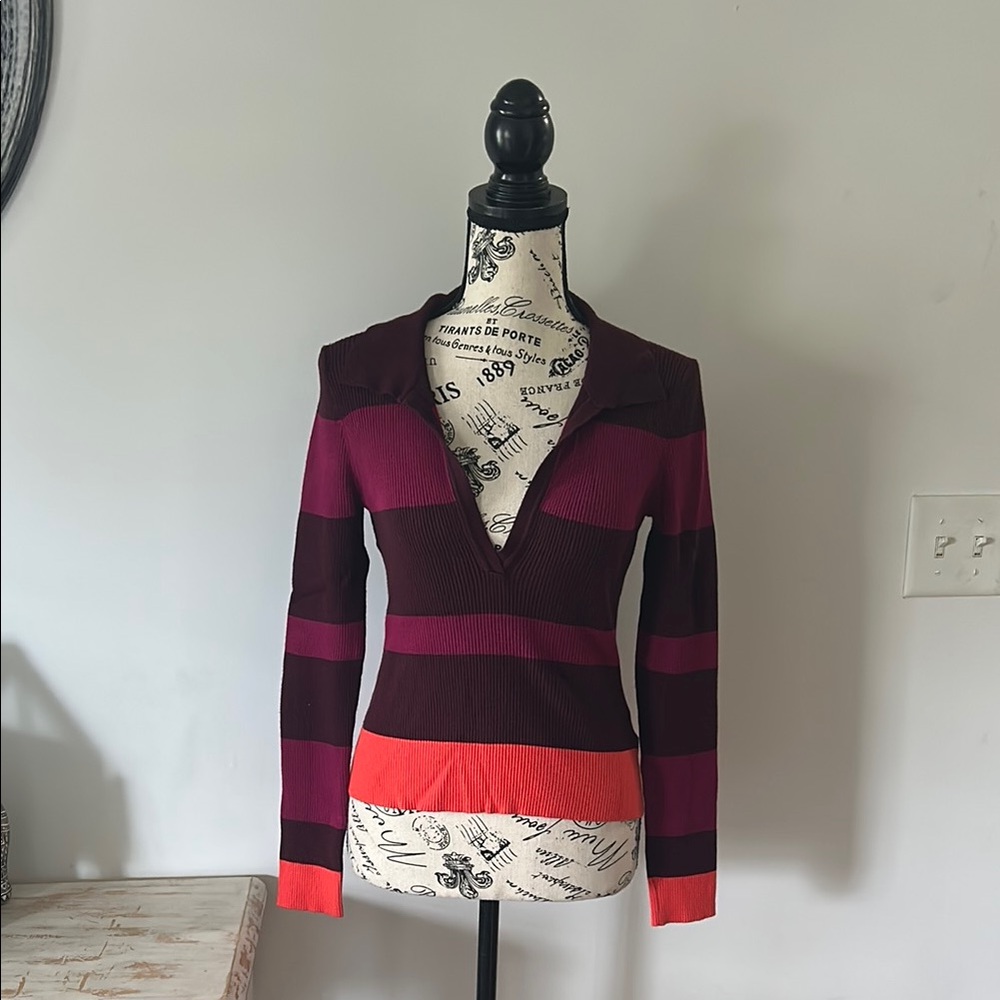 House of Harlow 1960 Ribbed Color Block Stripe Collared Sweater Top Women's sz L